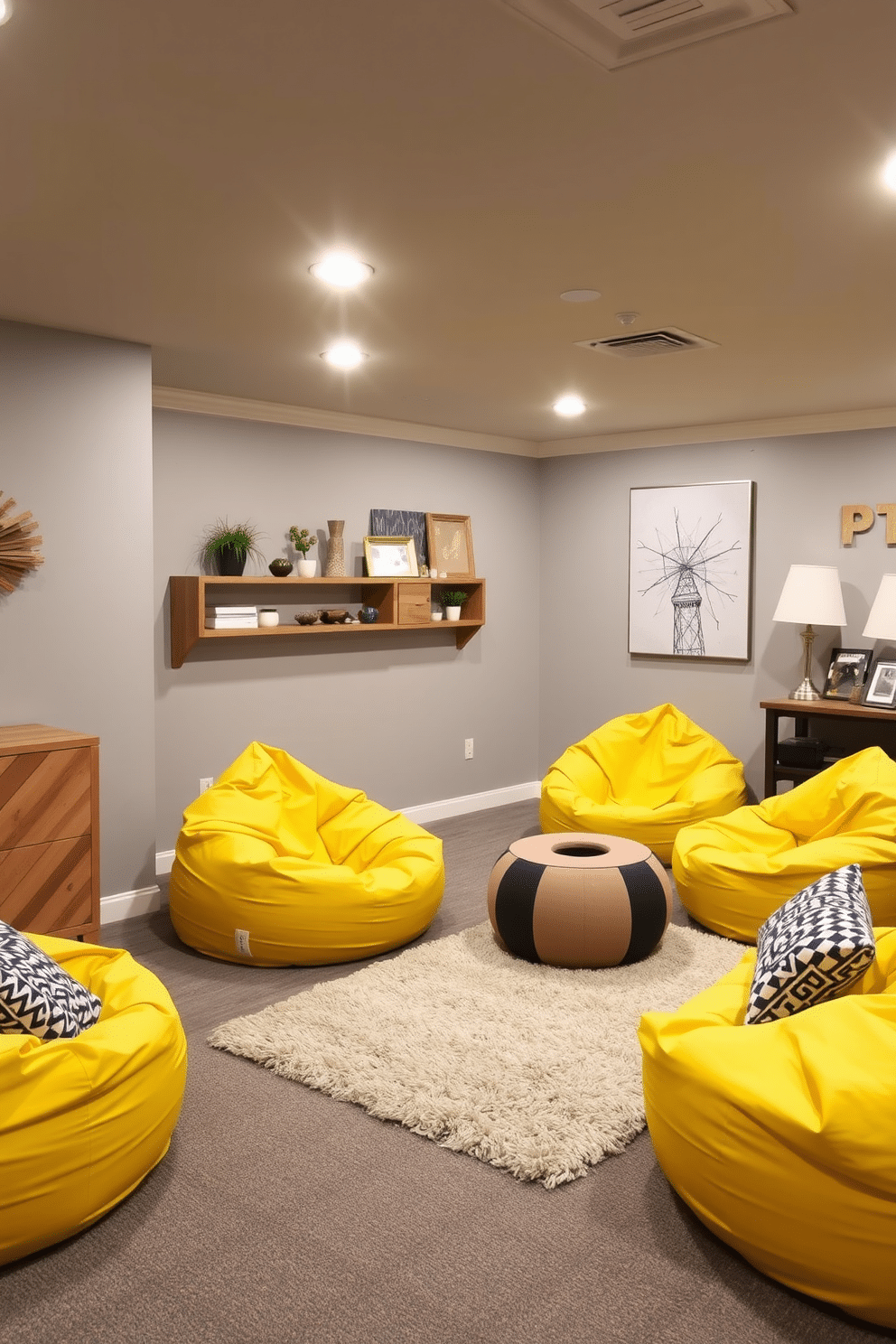 A cozy basement retreat featuring a playful design with yellow bean bags scattered throughout for casual seating. The walls are painted in a soft gray, complemented by warm wooden accents and a plush area rug to create an inviting atmosphere.