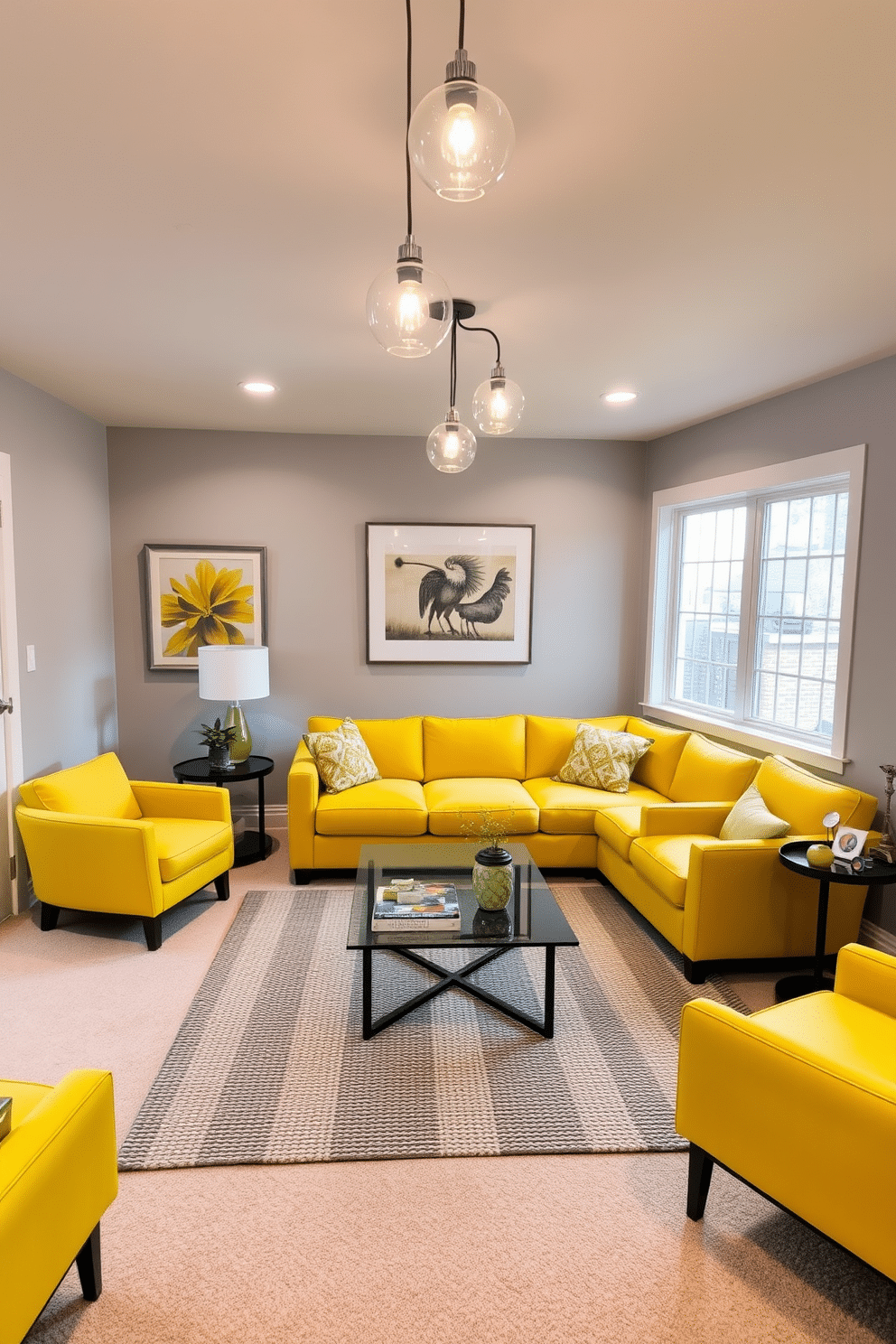 A cozy basement retreat featuring vibrant yellow furniture that adds a cheerful touch to the space. The walls are painted in a soft gray, creating a perfect backdrop for a plush yellow sectional sofa and matching accent chairs. In the center, a sleek coffee table with a glass top sits atop a textured area rug that complements the color scheme. Ambient lighting fixtures hang from the ceiling, casting a warm glow over the room, while large windows allow natural light to brighten the area.