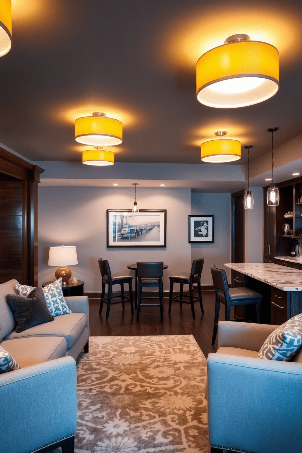 A cozy basement retreat featuring warm yellow light fixtures that create an inviting ambiance. The walls are painted in a soft gray, complemented by rich wooden accents and plush seating arranged for relaxation. In one corner, a stylish bar area showcases a marble countertop with high stools, illuminated by pendant lights. A large area rug anchors the space, while framed artwork adds personality to the walls.