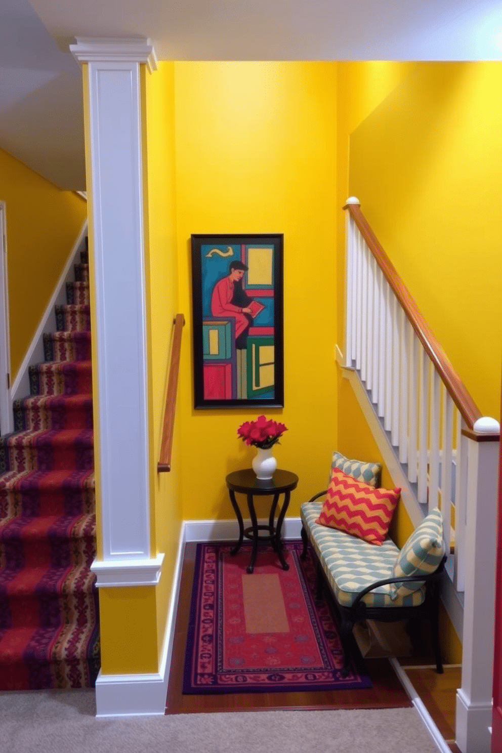 A vibrant basement staircase features walls painted in a cheerful yellow hue, creating an inviting atmosphere. The stairs are adorned with a stylish runner that complements the bright walls, enhancing the overall aesthetic. At the base of the stairs, a cozy seating area includes a small table and colorful cushions, perfect for relaxation. Decorative wall art in coordinating colors adds personality and warmth to the space.