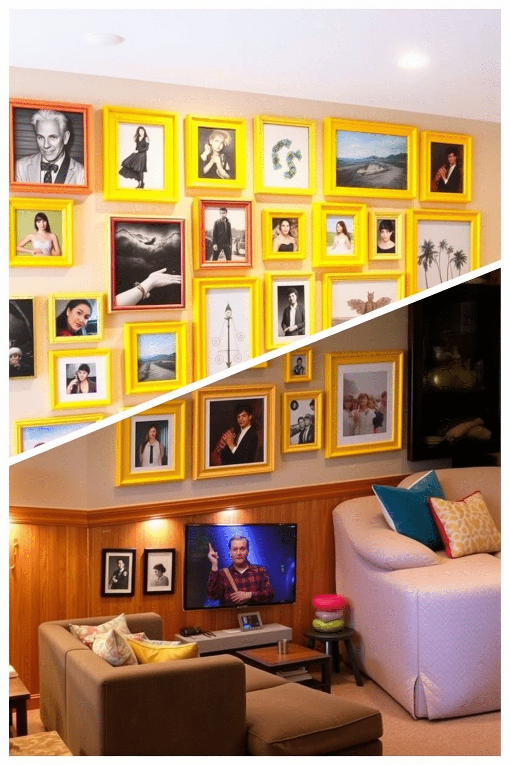 Create a gallery wall adorned with vibrant yellow frames, showcasing an eclectic mix of artwork and photographs that reflect personal style and creativity. The wall is complemented by a soft, neutral backdrop that enhances the brightness of the frames, creating a striking focal point in the room. Design a cozy basement space that features warm wood paneling and plush seating arrangements, perfect for relaxation and entertainment. Incorporate ambient lighting and colorful accents to create an inviting atmosphere that transforms the basement into a stylish retreat.