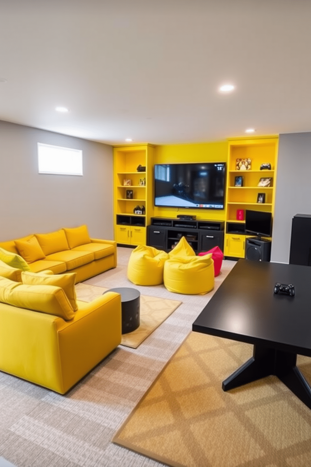 A vibrant game area designed in a spacious basement, featuring bright yellow accents that energize the space. The walls are painted a soft gray to complement the bold yellow furniture, which includes a plush sectional sofa and a sleek game table. In one corner, a large wall-mounted screen is surrounded by colorful bean bags for a cozy viewing experience. Bright yellow shelves display board games and gaming consoles, while a stylish rug with geometric patterns adds warmth to the floor.