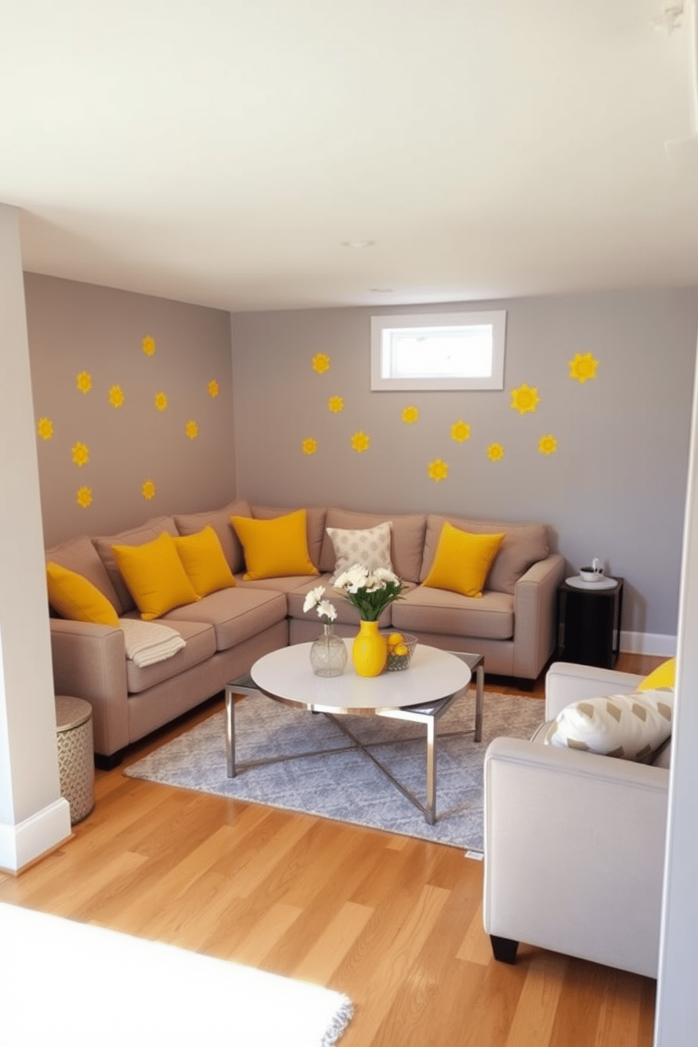 A bright and inviting basement space featuring yellow wall decals that add a playful touch to the decor. The walls are painted a soft gray, providing a perfect backdrop for the vibrant decals while the flooring is a warm wooden finish that enhances the cozy atmosphere. Incorporate comfortable seating with a plush sectional in a neutral tone, accented by vibrant yellow throw pillows. A stylish coffee table sits in the center, surrounded by decorative elements that reflect a cheerful and modern aesthetic.