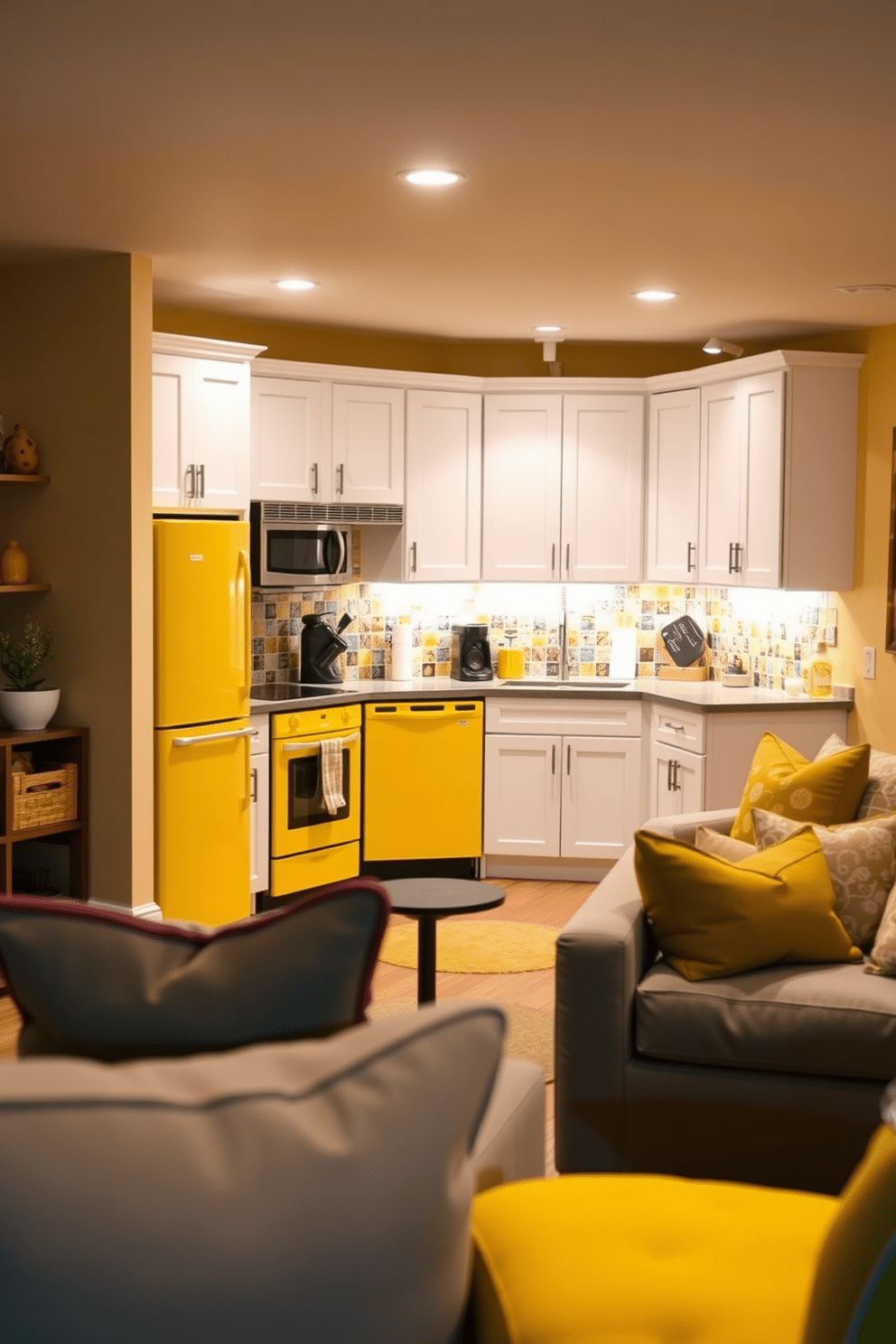 A vibrant kitchen filled with energy, featuring cheerful yellow appliances that stand out against crisp white cabinetry. The countertops are a sleek gray, complemented by a playful backsplash of colorful tiles, creating a lively atmosphere for cooking and entertaining. A cozy basement retreat designed for relaxation and entertainment, with soft yellow accents that brighten the space. Plush seating arrangements are paired with warm wood finishes, while ambient lighting creates an inviting atmosphere perfect for gatherings.