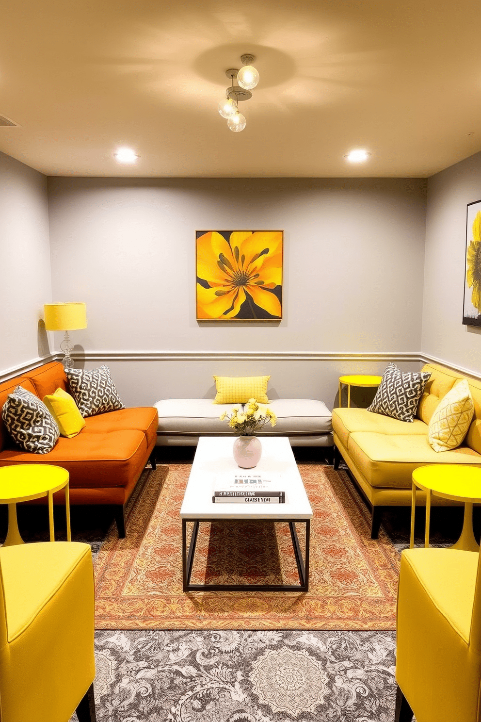 A stylish yellow basement retreat featuring cozy seating arranged around a modern coffee table. On either side of the seating area, vibrant yellow side tables provide functionality and a pop of color, enhancing the inviting atmosphere. The walls are painted in a soft gray, complementing the warm tones of the yellow furniture. Ambient lighting fixtures hang from the ceiling, creating a warm glow that highlights the space's unique design elements.