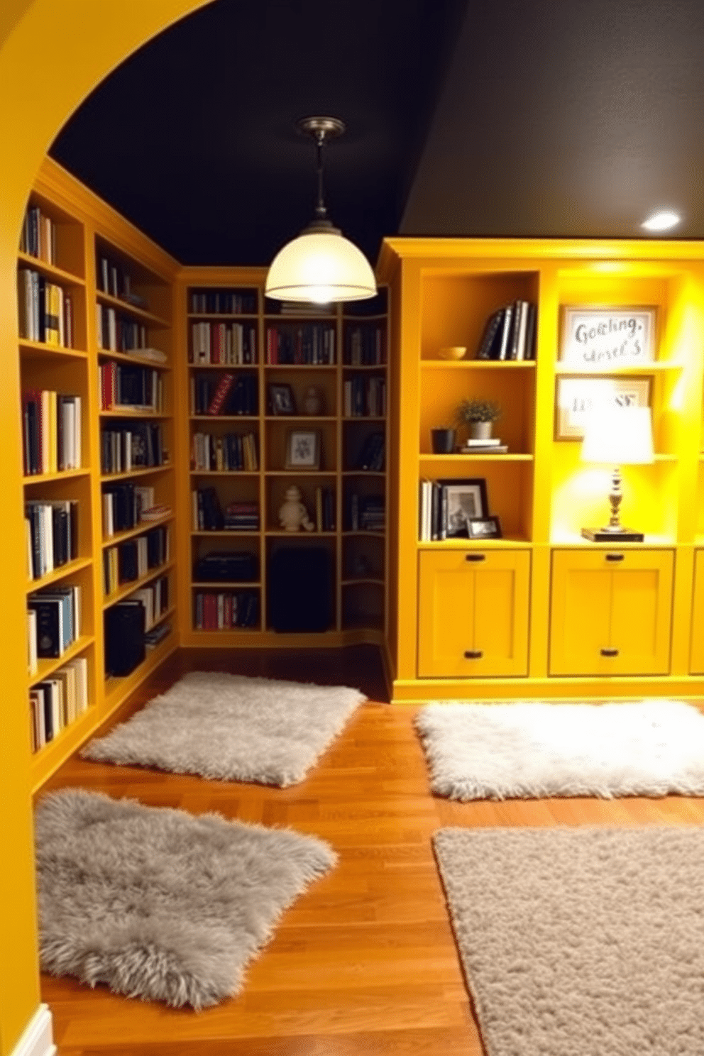 A cozy basement retreat featuring vibrant yellow bookshelves that add a cheerful pop of color to the space. The shelves are filled with an array of books and decorative items, creating an inviting atmosphere for reading and relaxation. The flooring is a warm wood tone, complemented by plush area rugs in neutral shades to enhance comfort. Soft, ambient lighting fixtures hang from the ceiling, illuminating the space and highlighting the unique decor elements throughout the basement.