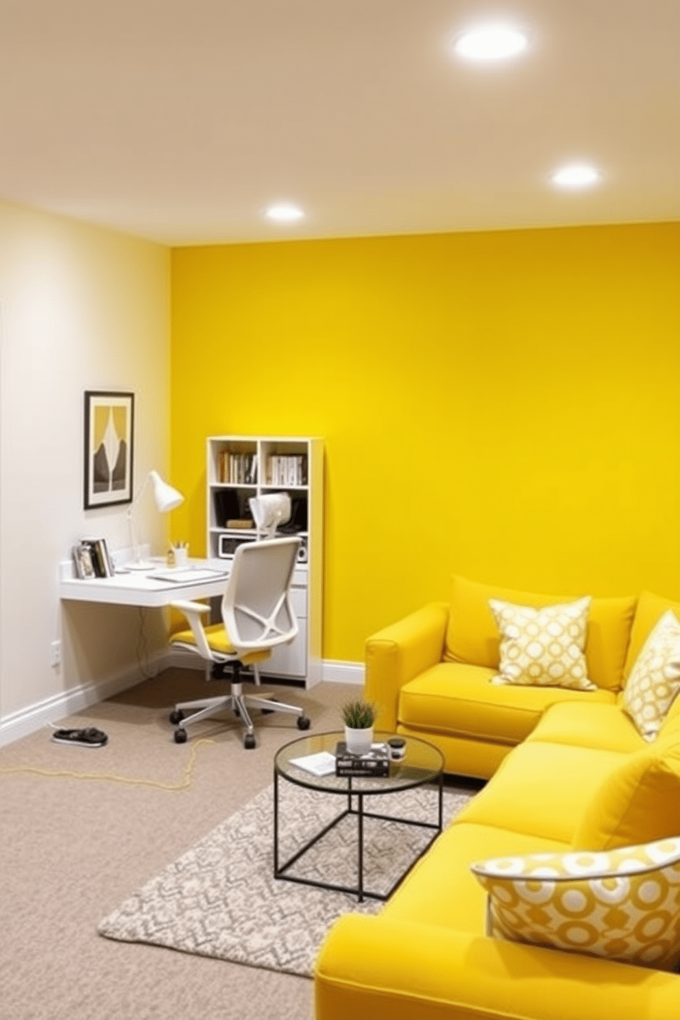 A bright and cheerful home office space featuring yellow walls that radiate warmth and creativity. A sleek white desk sits against the wall, complemented by a comfortable ergonomic chair and vibrant yellow accents in the form of a desk lamp and stationery. The basement design showcases a cozy retreat with soft yellow walls that create an inviting atmosphere. Plush seating options, including a yellow sectional sofa and patterned throw pillows, are arranged around a stylish coffee table, with warm lighting enhancing the overall ambiance.