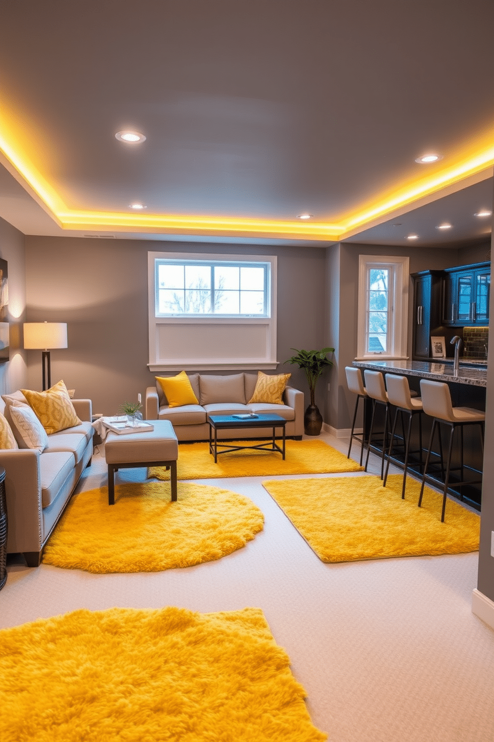 A cozy basement retreat featuring warm yellow area rugs that add texture and vibrancy to the space. The walls are painted in a soft gray, complemented by plush seating arrangements and ambient lighting to create an inviting atmosphere. In one corner, a stylish bar area showcases sleek cabinetry and high-top stools, perfect for entertaining guests. Large windows allow natural light to filter in, enhancing the cheerful yellow tones of the decor and making the space feel open and airy.