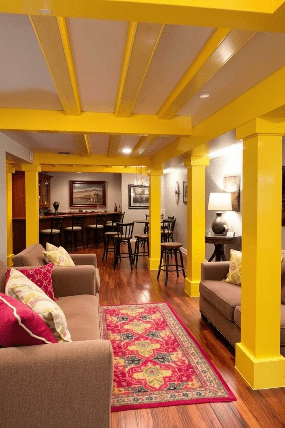 A cozy basement retreat featuring exposed beams painted in a warm yellow hue, creating a cheerful and inviting atmosphere. The walls are a soft gray, complementing the yellow beams, while plush seating arrangements with colorful throw pillows provide comfort and style. In one corner, a rustic wooden bar with high stools invites social gatherings, adorned with decorative glassware and ambient lighting. The flooring is a rich hardwood, enhancing the overall warmth of the space, with a vibrant area rug adding a touch of personality.