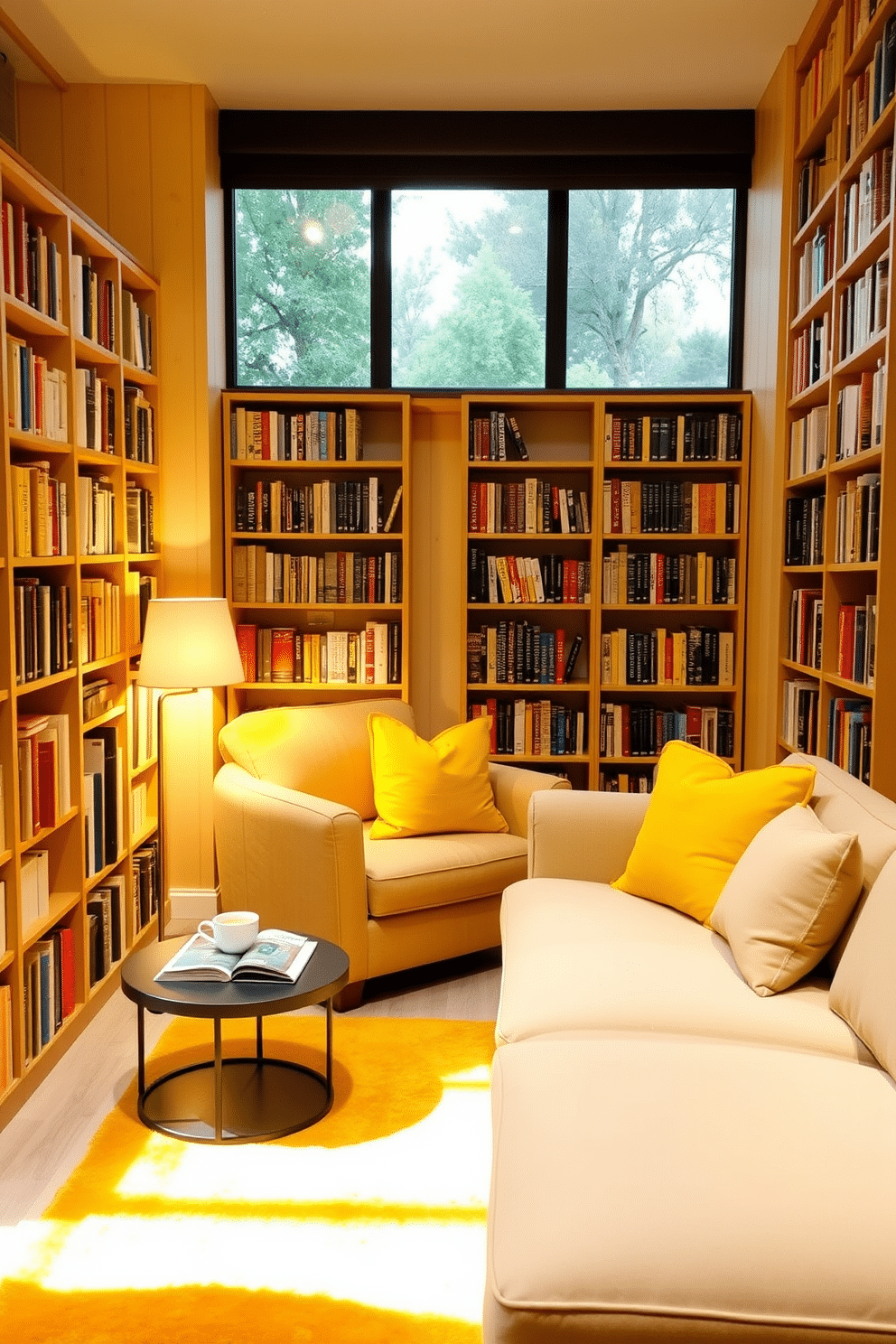 Create a cozy reading nook with yellow cushions. The nook features a plush armchair nestled in the corner, surrounded by tall bookshelves filled with colorful books. Soft, warm lighting from a nearby floor lamp creates an inviting atmosphere. A small side table holds a steaming cup of tea and a stack of magazines, enhancing the comfort of the space. For the yellow basement design, envision a bright and airy space with light wood paneling and large windows that invite natural light. The area is furnished with a sectional sofa and a vibrant area rug, creating a cheerful and welcoming environment.