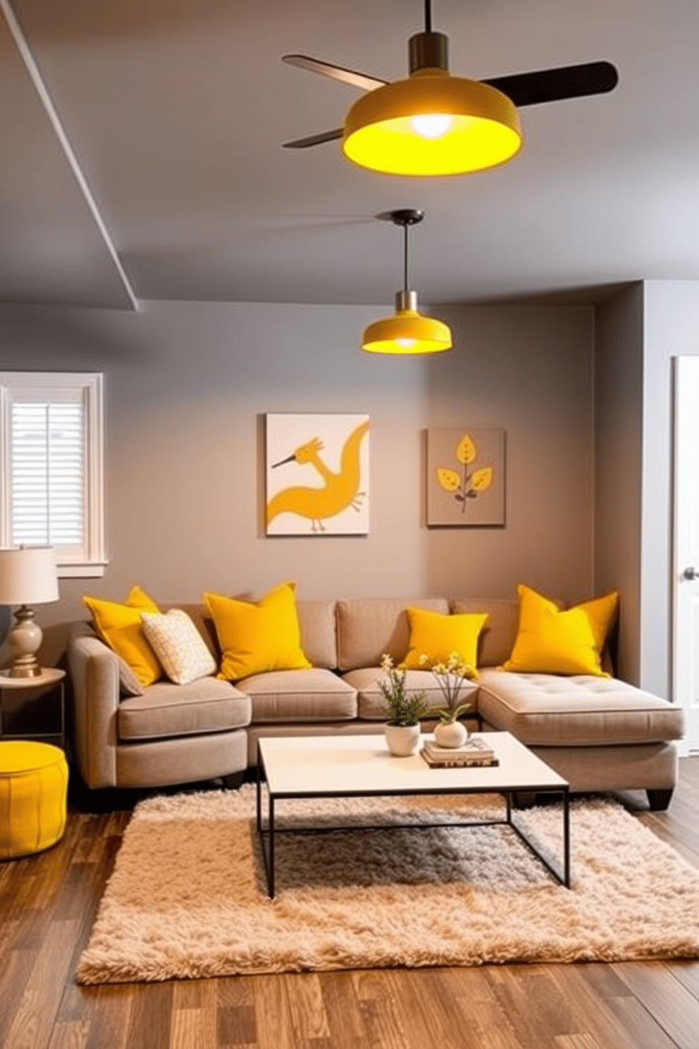 A vibrant basement space features yellow pendant lights that hang stylishly from the ceiling, casting a warm glow throughout the room. The walls are painted in a soft gray, providing a perfect backdrop for the cheerful lighting and enhancing the cozy atmosphere. Incorporate a plush sectional sofa in a neutral tone, accented with bright yellow throw pillows that echo the pendant lights. A sleek coffee table sits in the center, surrounded by a soft area rug that adds texture and comfort to the space.