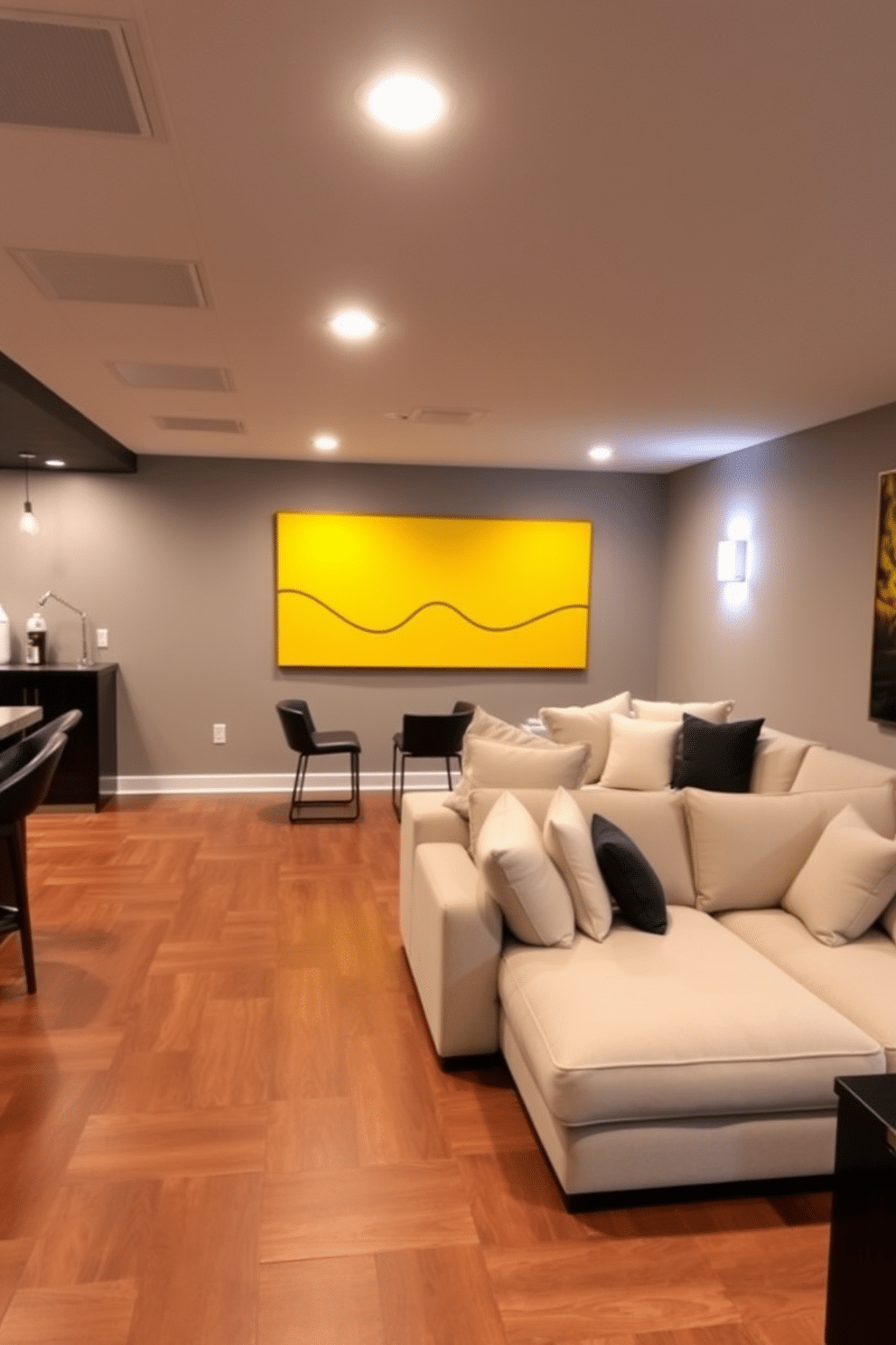 A stylish basement designed for relaxation and entertainment. The space features a cozy sectional sofa in neutral tones, complemented by vibrant yellow artwork that adds a pop of color to the walls. To the left, a sleek bar area with modern stools invites social gatherings. The flooring is a rich hardwood, and recessed lighting creates a warm, inviting atmosphere.