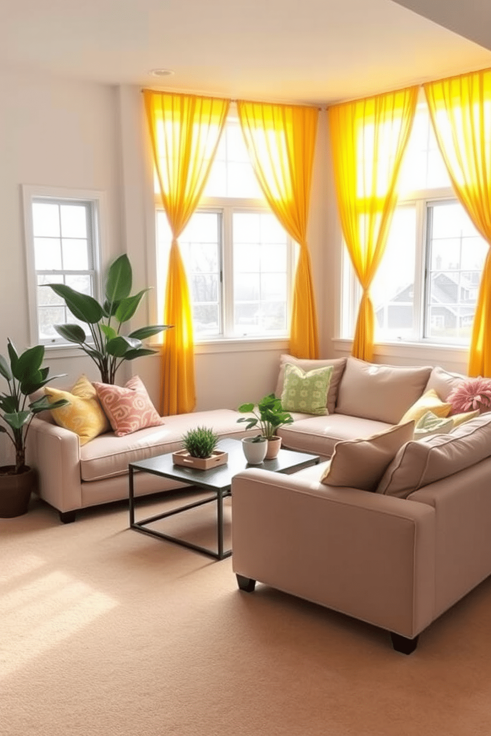 A bright and inviting basement space featuring cheerful yellow curtains that frame large windows, allowing natural light to flood the room. The walls are painted in a soft white, contrasting with the vibrant curtains, while the floor is covered in a warm, light-colored carpet for added comfort. Incorporate a cozy seating area with a plush sectional sofa in neutral tones, accented by colorful throw pillows that complement the cheerful vibe. A stylish coffee table sits at the center, surrounded by a few potted plants that bring a touch of greenery to the space.