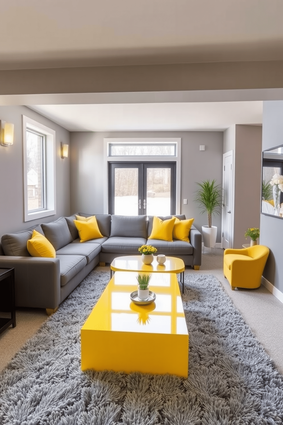 A modern basement design that blends yellow and gray hues. The walls are painted a soft gray, while vibrant yellow accents are introduced through furniture and decor, creating a lively yet sophisticated atmosphere. The space features a cozy seating area with a gray sectional sofa adorned with yellow throw pillows. A sleek yellow coffee table sits atop a plush gray area rug, and large windows allow natural light to flood the room, enhancing the cheerful color scheme.