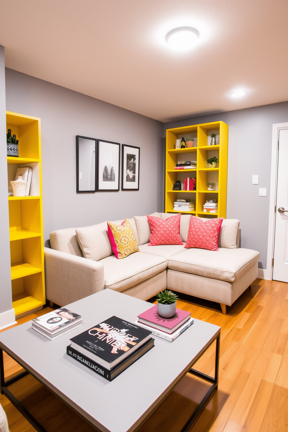 A chic basement space designed for relaxation, featuring yellow shelves that add a pop of color and stylish storage solutions. The walls are painted a soft gray, while the flooring consists of warm wood, creating a cozy atmosphere. In one corner, a plush sectional sofa invites comfort, adorned with vibrant throw pillows that complement the yellow shelves. A modern coffee table sits in front, topped with decorative books and a small potted plant for a touch of greenery.