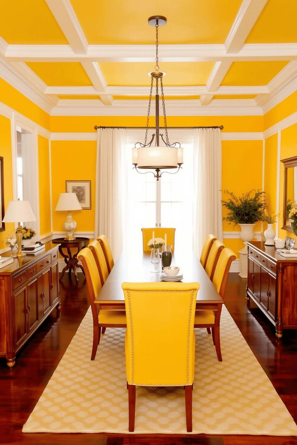 Bright yellow walls with white trim create a vibrant and inviting atmosphere in the dining room. A large wooden dining table is centered under a modern chandelier, surrounded by upholstered chairs in complementary colors. On one side of the room, a stylish sideboard displays elegant dinnerware and decorative accents. A large window dressed with sheer white curtains allows natural light to flood the space, enhancing the cheerful ambiance.