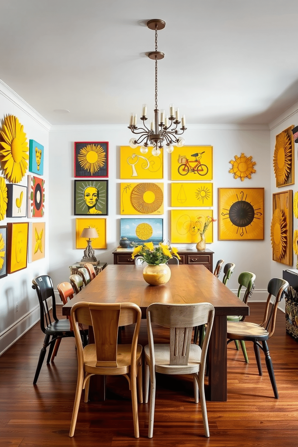 An eclectic dining room filled with vibrant yellow art pieces adorning the walls, each showcasing unique styles and textures that create a lively atmosphere. The room features a large wooden dining table surrounded by mismatched chairs, blending various materials and colors to enhance the eclectic theme.