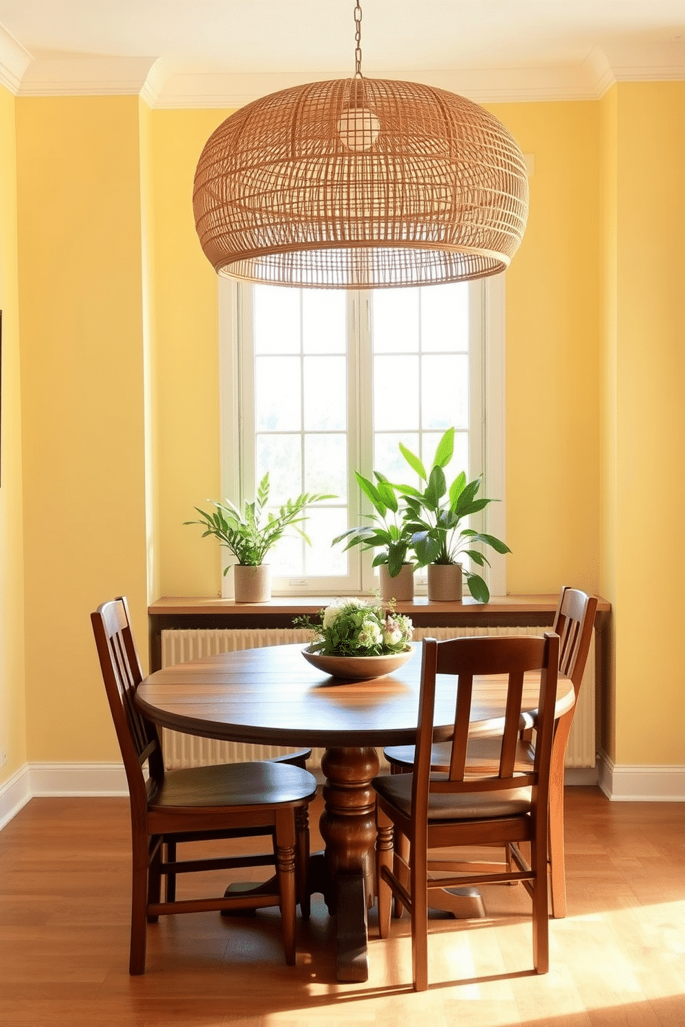 A bright and inviting dining room featuring soft pastel yellow walls that create a warm and cheerful atmosphere. Natural wood tones are incorporated through a beautifully crafted wooden dining table and matching chairs, enhancing the space's organic feel. A large, round pendant light made of woven natural fibers hangs above the table, adding texture and warmth. Fresh greenery in decorative pots is placed on the windowsill, complementing the yellow hues and bringing life to the room.