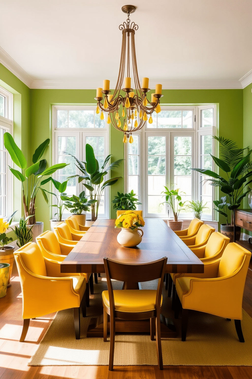 A bright and airy dining room features a large wooden table surrounded by yellow upholstered chairs, creating a cheerful atmosphere. The walls are painted a soft green, and large windows allow natural light to flood the space, enhancing the vibrant decor. Incorporate various potted plants in shades of yellow and green, placed strategically around the room, to bring a touch of nature indoors. A statement chandelier with yellow accents hangs above the table, adding a stylish focal point to the design.