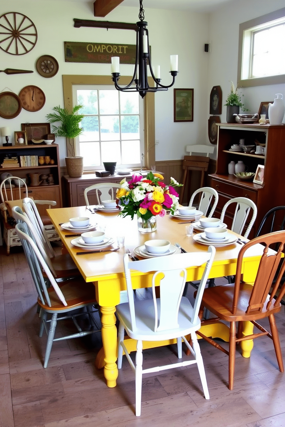 A charming yellow farmhouse table takes center stage in a cozy dining room, surrounded by an eclectic mix of mismatched chairs that add character and warmth. The walls are adorned with rustic decor, and a large window lets in ample natural light, enhancing the inviting atmosphere. A vibrant centerpiece of fresh flowers sits atop the table, complemented by soft, neutral tableware that balances the bold color of the table. The floor is finished with distressed wood, contributing to the overall farmhouse aesthetic while creating a welcoming space for family gatherings.