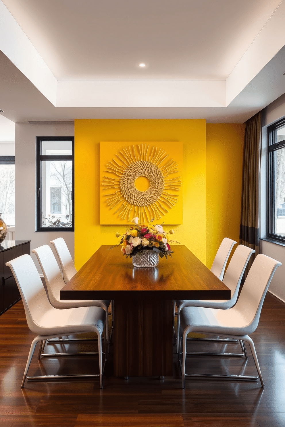 A bright yellow wall art piece serves as the focal point in a modern dining room, drawing attention and adding a vibrant touch to the space. The dining table, made of sleek wood, is surrounded by elegant white chairs, creating a striking contrast against the cheerful backdrop. The room features large windows that allow natural light to flood in, enhancing the warmth of the yellow tones. A stylish centerpiece of fresh flowers sits on the table, complementing the overall aesthetic while adding a touch of freshness to the design.