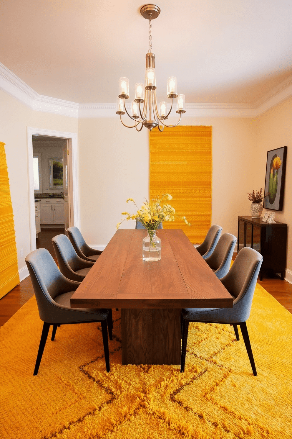 A vibrant dining room featuring layered yellow rugs that add texture and warmth to the space. The walls are painted a soft cream, complementing the rich yellow hues of the rugs and enhancing the inviting atmosphere. A modern dining table made of reclaimed wood sits at the center, surrounded by sleek, upholstered chairs in a contrasting gray fabric. A statement chandelier with warm lighting hangs above, creating an intimate dining experience.