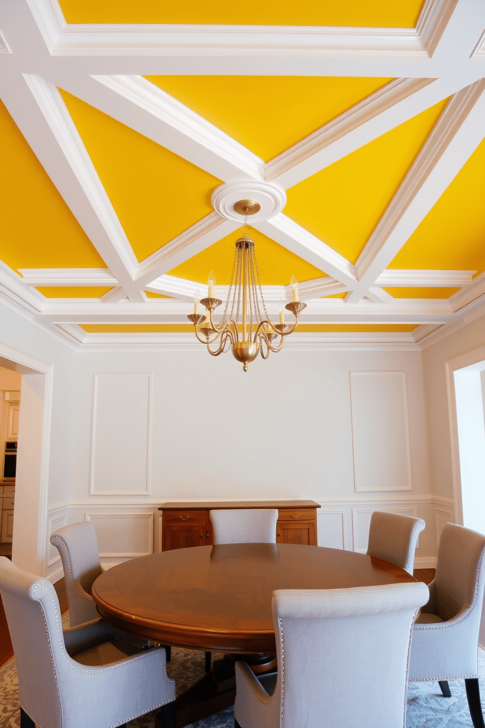 A bright yellow ceiling adorned with elegant white crown molding creates a cheerful atmosphere in the dining room. Below, a large, round wooden table is surrounded by upholstered chairs in soft gray, providing a stylish contrast to the vibrant ceiling. The walls are painted in a complementary light gray, enhancing the room's brightness while allowing the yellow ceiling to stand out. A stunning chandelier with gold accents hangs above the table, adding a touch of sophistication to the inviting space.