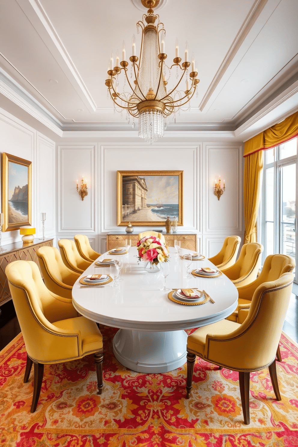 A luxurious dining room featuring a large, oval table with a glossy white finish, surrounded by plush chairs upholstered in soft yellow fabric. The walls are adorned with elegant gold accents, including a statement chandelier and framed artwork that complements the color scheme. A vibrant area rug with intricate patterns adds warmth to the space, while large windows allow natural light to flood in, enhancing the cheerful atmosphere. Elegant table settings with gold cutlery and floral centerpieces complete the sophisticated look, creating an inviting environment for dining and entertaining.