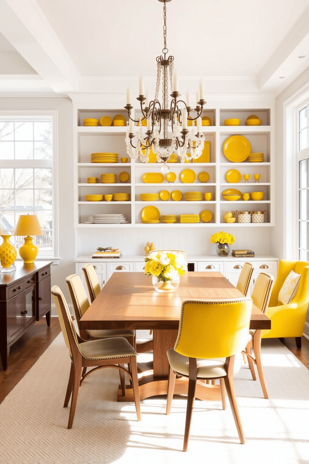 A bright and inviting dining room features open shelving adorned with vibrant yellow dish displays, creating a cheerful focal point. The walls are painted in a soft white, allowing the yellow accents to pop, while a large wooden dining table sits in the center, surrounded by stylish chairs. Natural light floods the space through large windows, highlighting the playful combination of yellow and neutral tones. A statement chandelier hangs above the table, adding elegance and warmth to the overall design.