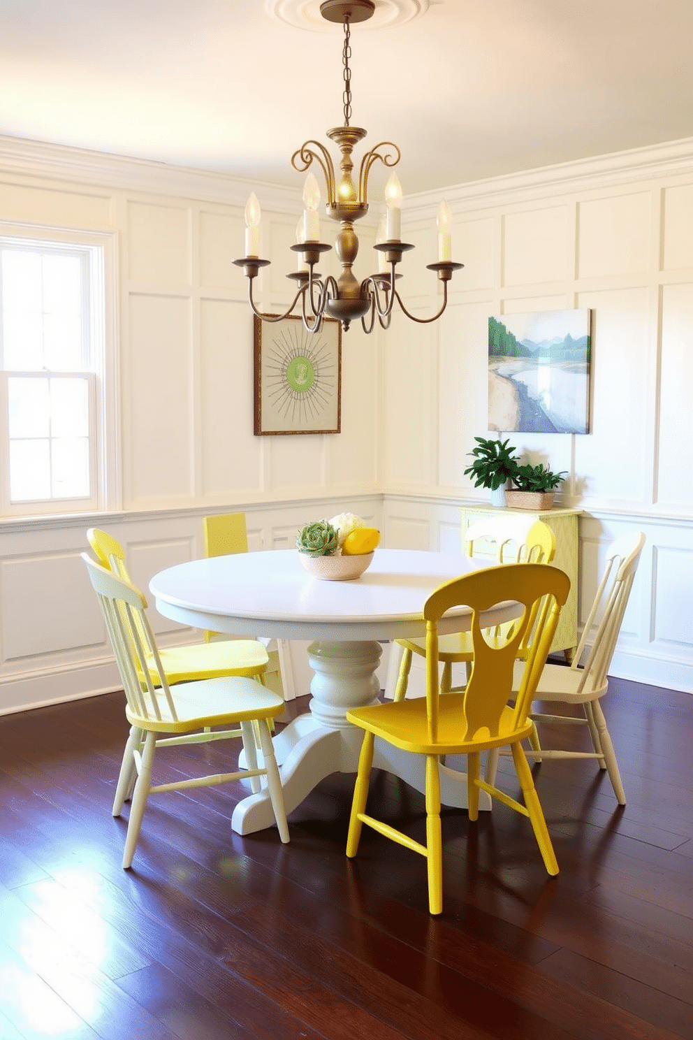 A vibrant dining room featuring yellow painted furniture that adds a cheerful pop of color to the space. The table is surrounded by mismatched chairs, each with its own unique design, creating an eclectic yet harmonious look. The walls are adorned with soft white wainscoting, providing a crisp contrast to the bright yellow accents. A statement chandelier hangs above the table, casting warm light and enhancing the inviting atmosphere of the room.