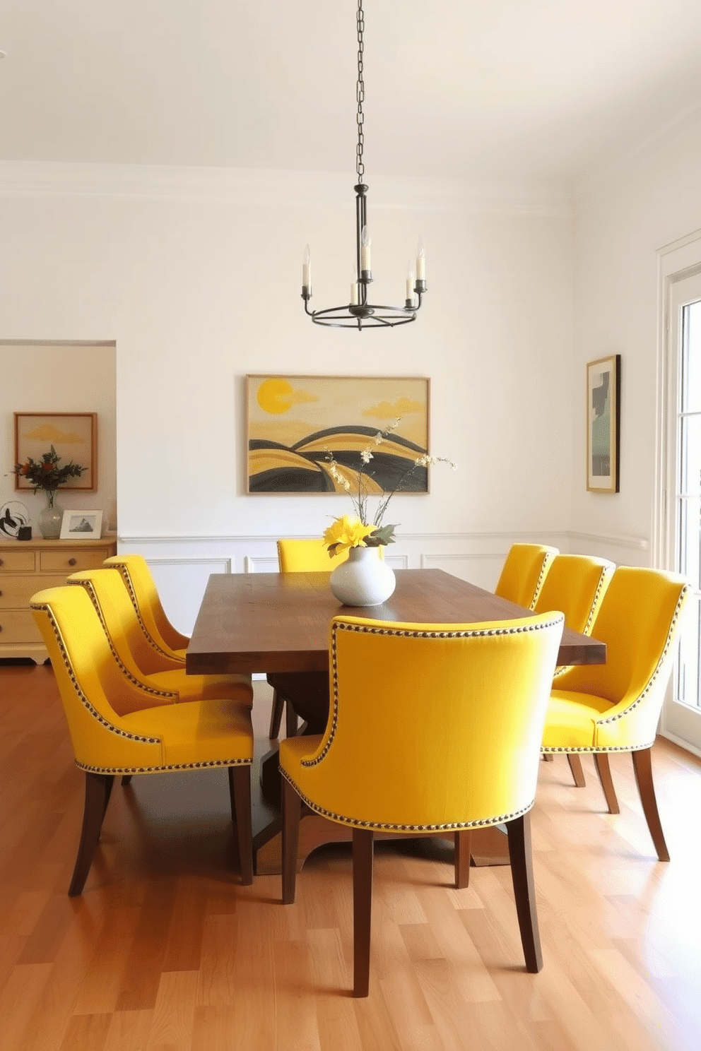 A bright and inviting dining room featuring yellow accent chairs arranged around a rustic wooden table. The walls are painted in a soft white, creating a warm contrast with the vibrant chairs and enhancing the natural wood tones of the table.