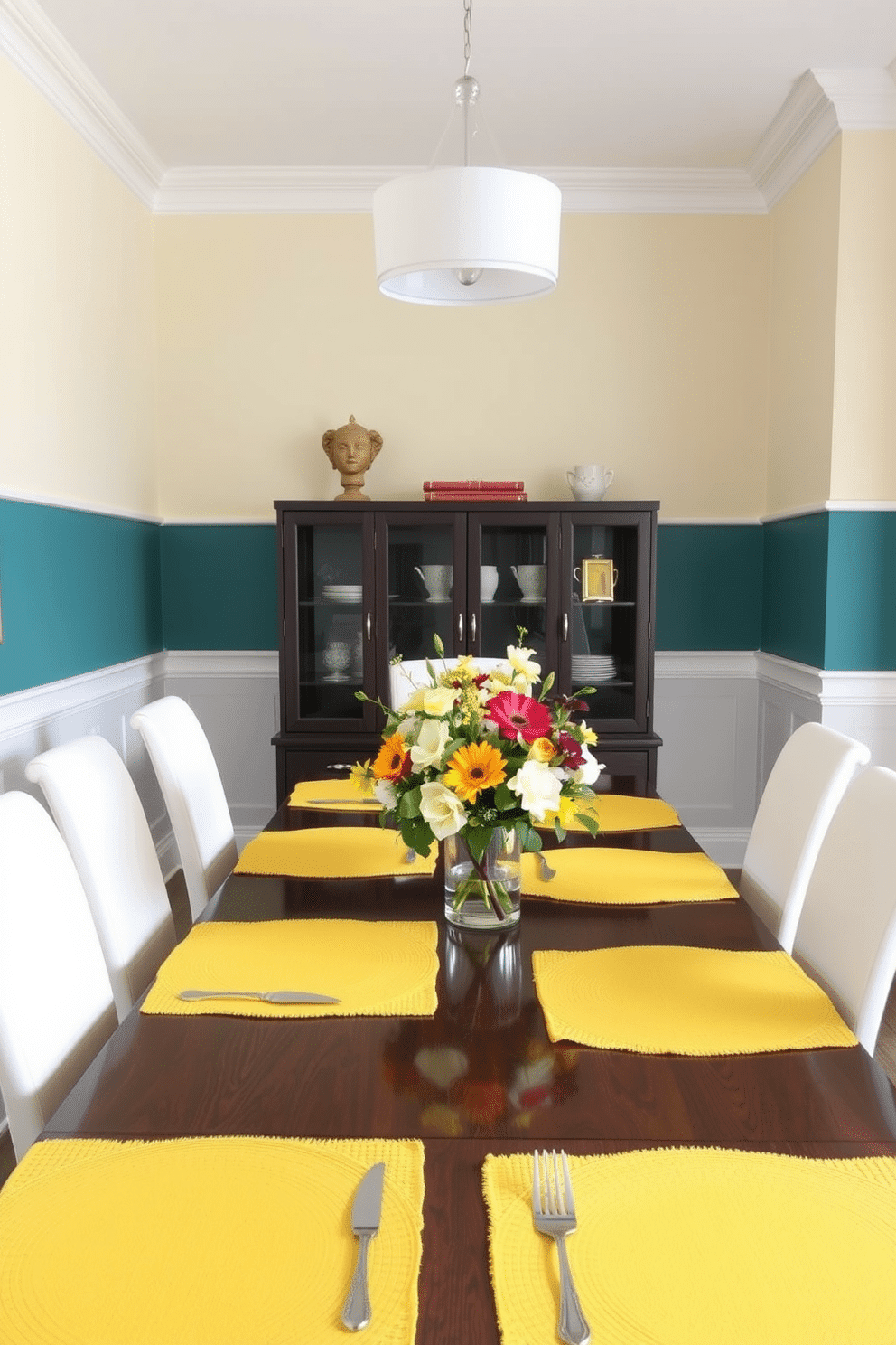 A cheerful dining room featuring bright yellow placemats set against a backdrop of contrasting colors. The table is elegantly arranged with a vibrant floral centerpiece, and the walls are painted in a soft, complementary hue to enhance the overall brightness of the space.