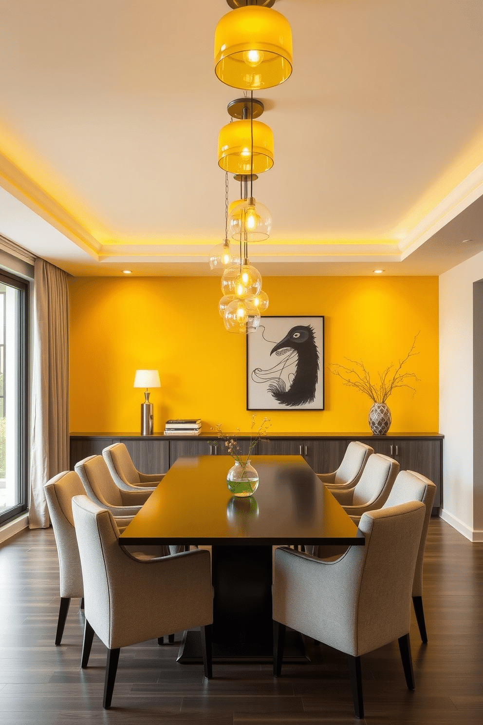 A modern dining room featuring yellow light fixtures that add a warm and inviting glow. The space is adorned with a sleek, rectangular dining table surrounded by upholstered chairs in a neutral tone, complemented by a vibrant yellow accent wall.