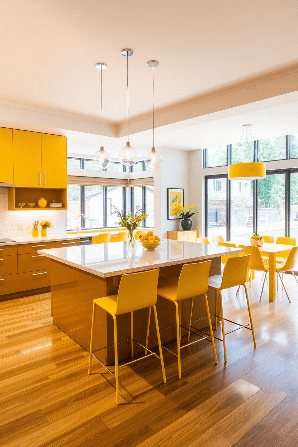 A vibrant kitchen featuring a spacious island with sleek yellow bar stools that invite casual dining. The island is topped with a polished quartz countertop, and pendant lights hang above, casting a warm glow over the space. The dining area showcases a modern design with a yellow-themed color palette, incorporating a stylish dining table surrounded by coordinating chairs. Large windows allow natural light to flood the room, enhancing the cheerful ambiance of the yellow accents.