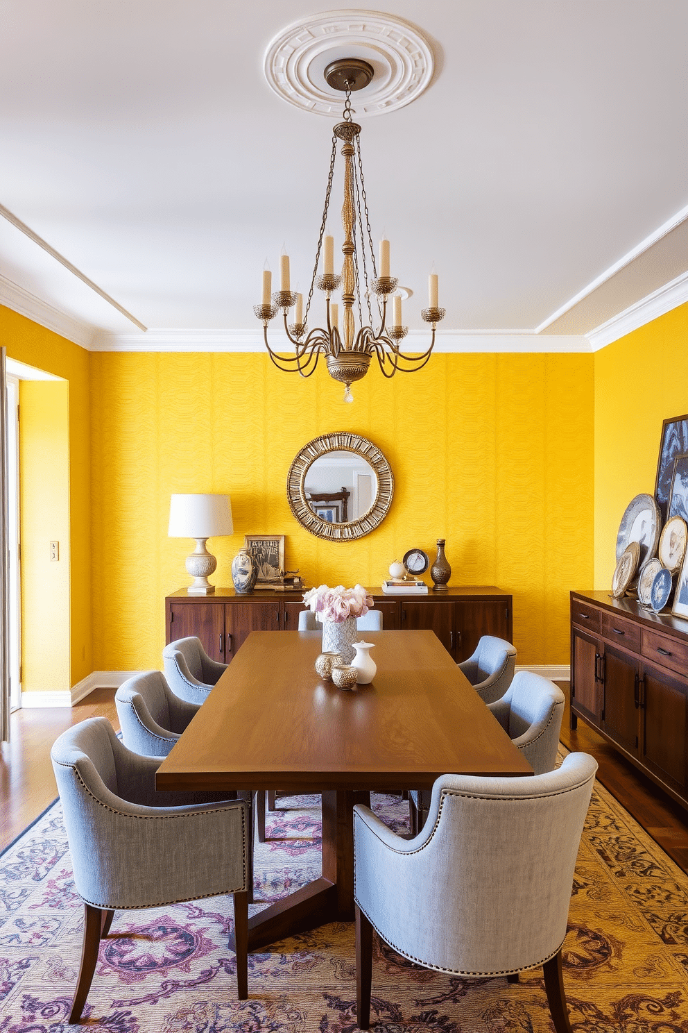 Textured yellow wall panels create a vibrant and inviting atmosphere in the dining room. A large wooden dining table is centered in the space, surrounded by upholstered chairs in complementary shades of gray and white. An elegant chandelier hangs above the table, casting a warm glow over the room. To one side, a stylish sideboard showcases decorative plates and a selection of curated art pieces, enhancing the overall aesthetic.