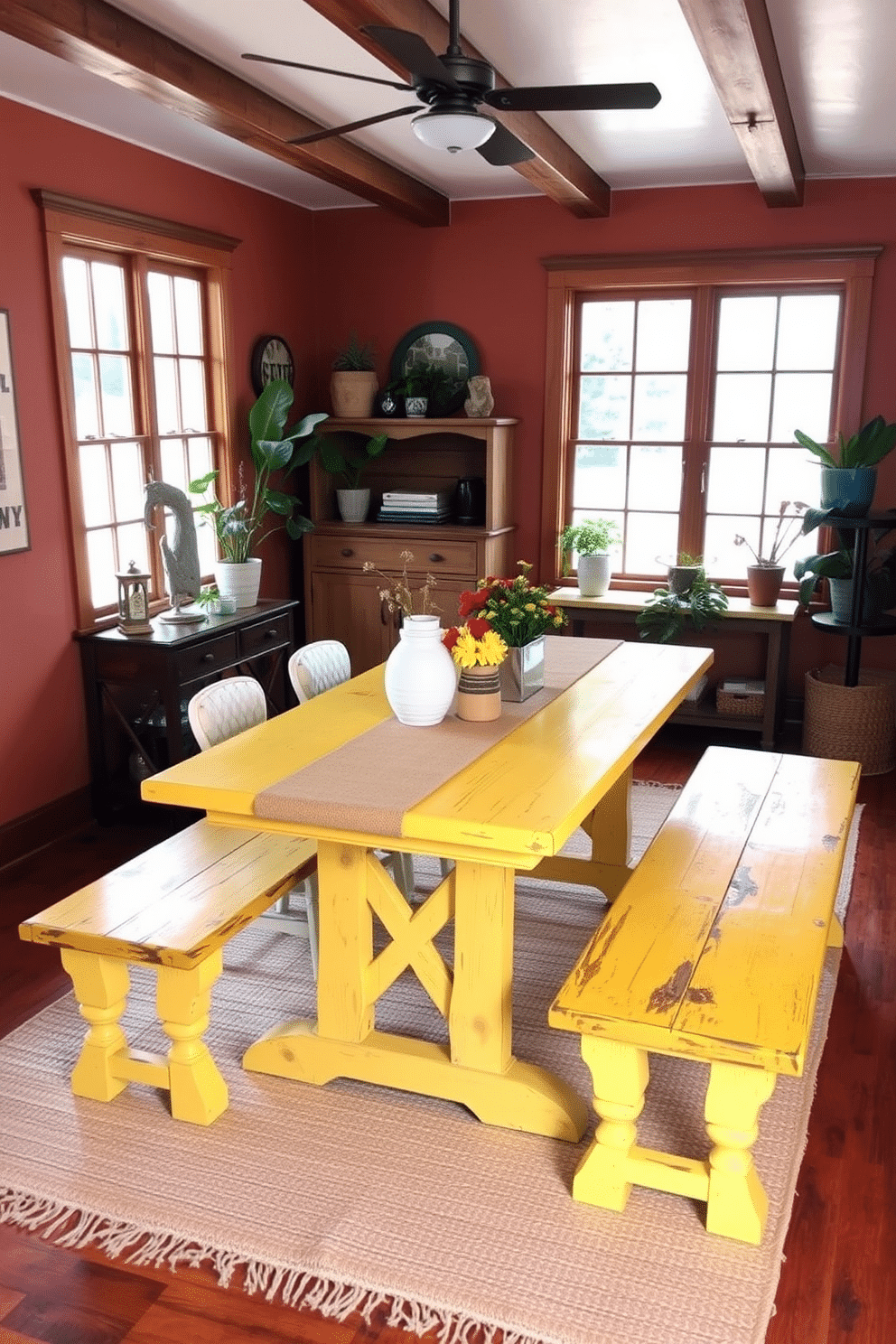 A rustic yellow dining table with matching benches takes center stage in this inviting dining room. The walls are adorned with warm, earthy tones, complemented by wooden beams that add character and charm to the space. Natural light floods in through large windows, highlighting the table's textured surface and the cozy, woven table runner. Surrounding the table, eclectic decor pieces and vibrant plants create a lively atmosphere, perfect for family gatherings and entertaining guests.