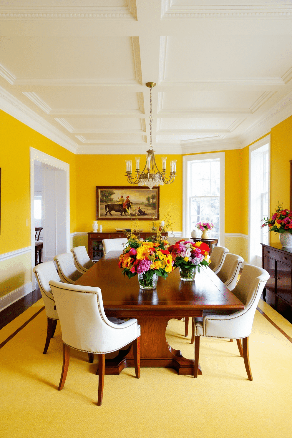 A bright yellow dining room features a large wooden table adorned with vibrant floral arrangements, creating a cheerful and inviting atmosphere. The walls are painted a soft white, while the ceiling boasts elegant crown molding, enhancing the room's sophistication. Surrounding the table are upholstered chairs in a complementary shade, adding comfort and style. Natural light floods the space through large windows, highlighting the beauty of the floral centerpieces and creating a warm, welcoming glow.