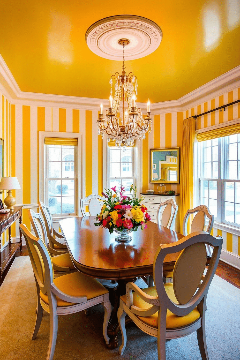 A vibrant dining room adorned with yellow and white striped wallpaper that brings a playful energy to the space. The room features a large wooden dining table surrounded by elegant white chairs, complemented by a stunning chandelier overhead. To enhance the cheerful atmosphere, a colorful centerpiece of fresh flowers sits on the table, with matching yellow and white accents throughout the decor. Large windows allow natural light to flood the room, highlighting the cheerful color scheme and creating a warm, inviting ambiance.