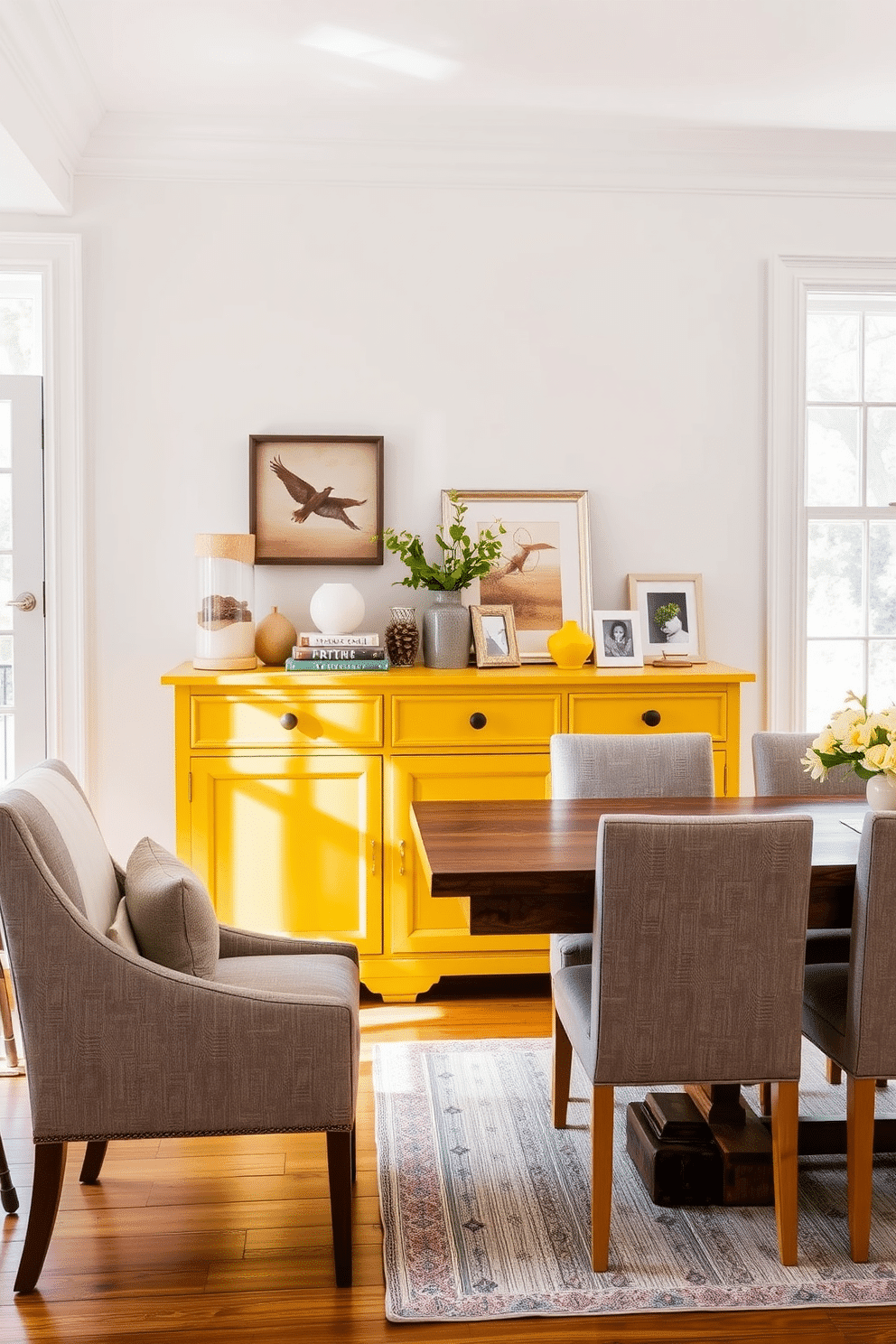 A charming yellow sideboard stands against the wall, adorned with an assortment of decorative items including a ceramic vase, a stack of books, and a small framed photo. The dining room features a warm, inviting atmosphere with a rustic wooden table surrounded by upholstered chairs in soft gray tones. Bright, natural light streams through large windows, enhancing the cheerful yellow tones of the sideboard and the overall decor. The walls are painted in a light neutral shade, complementing the vibrant accents and creating a harmonious balance in the space.