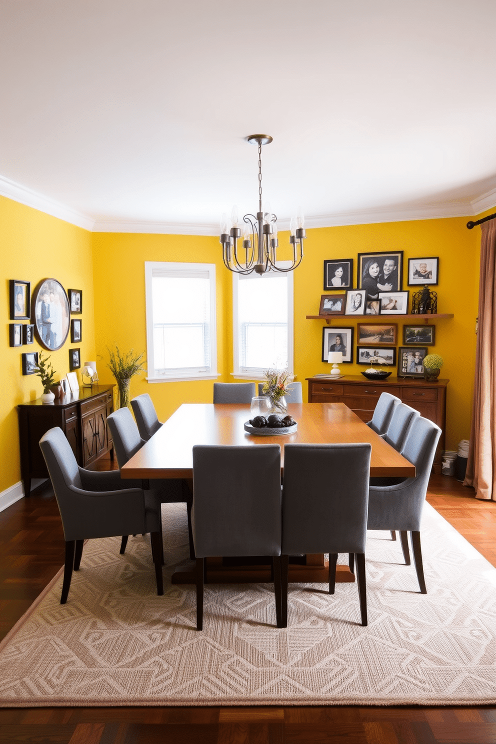 A vibrant yellow accent wall serves as the focal point of the dining room, adorned with a collection of framed family photos that add a personal touch. The dining table is a sleek wooden design, surrounded by upholstered chairs in shades of gray, creating a warm and inviting atmosphere. A stylish chandelier hangs above the table, providing soft lighting that enhances the cheerful ambiance of the space. Complementing the yellow wall, a large area rug in neutral tones grounds the room while adding texture and comfort.