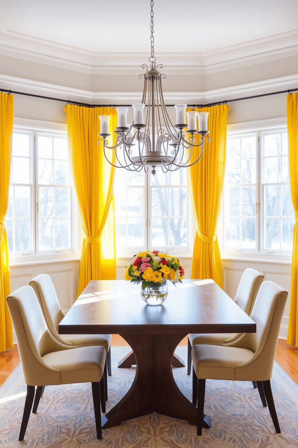 A bright and inviting dining room features sunshine yellow curtains that frame large windows, allowing natural light to flood the space. The cheerful hue complements a sleek wooden dining table surrounded by stylish upholstered chairs, creating an atmosphere perfect for gatherings. The walls are painted in a soft white to enhance the brightness of the yellow accents, while a statement chandelier hangs above the table, adding an elegant touch. Fresh flowers in a vibrant vase sit at the center of the table, bringing a lively energy to the room.