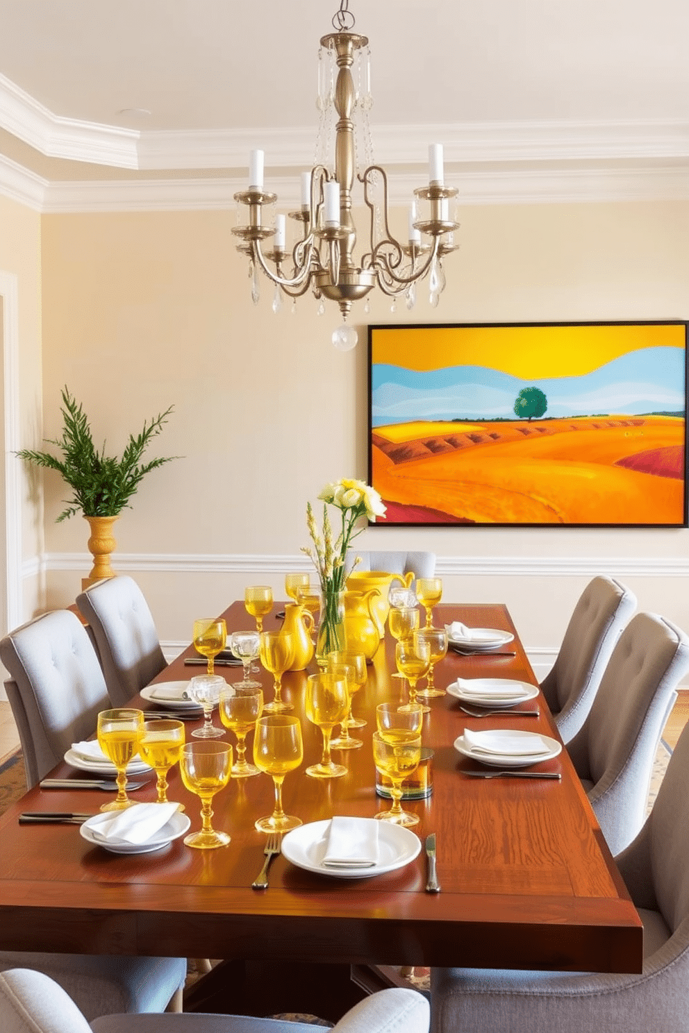 A vibrant dining room featuring a large wooden table set with an assortment of yellow glassware, including goblets and pitchers that catch the light beautifully. The walls are painted in a soft cream, complementing the warm tones of the yellow accents, while a statement chandelier hangs above, adding elegance to the space. Around the table, upholstered chairs in a light gray fabric provide comfort and style, enhancing the inviting atmosphere. A large, vibrant piece of artwork depicting a sunny landscape adorns one wall, tying together the cheerful color palette of the room.