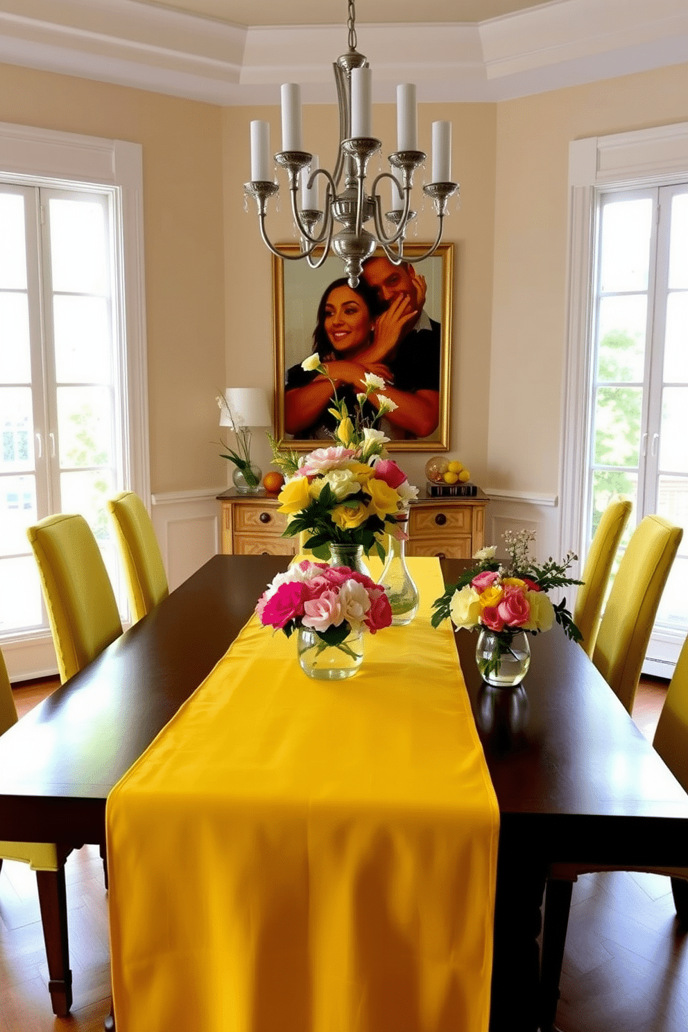 A vibrant dining room featuring a bold yellow table runner that adds a pop of color to the space. The table is adorned with elegant floral centerpieces in varying heights, creating a lively and inviting atmosphere. The walls are painted in a soft neutral tone to complement the yellow accents, while large windows allow natural light to flood the room. Surrounding the table, stylish chairs in a contrasting color enhance the overall aesthetic, making it a perfect setting for gatherings.