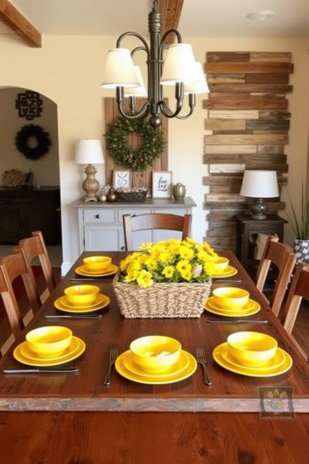 A cozy dining room featuring rustic decor elements, where a large wooden table is set with vibrant yellow diningware. The walls are adorned with reclaimed wood accents, and a woven basket filled with fresh flowers sits at the center of the table, adding a touch of warmth.