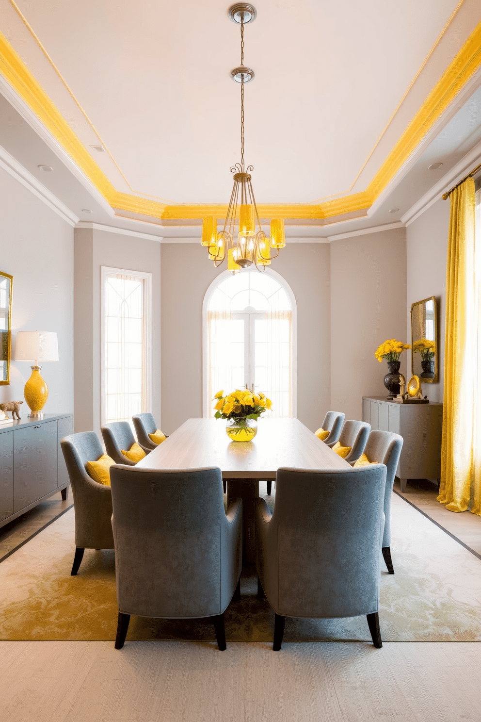 A sophisticated dining room featuring a yellow and gray color scheme. The walls are painted a soft gray, while the ceiling boasts elegant yellow accents that add warmth and brightness. A sleek, modern dining table in a light wood finish is centered in the room, surrounded by plush gray upholstered chairs with yellow cushions. A statement chandelier with yellow glass elements hangs above the table, casting a warm glow over the space. On one side of the room, a stylish sideboard in a complementary gray tone displays decorative items and a vase of fresh yellow flowers. Large windows dressed with sheer yellow curtains allow natural light to fill the room, enhancing the inviting atmosphere.