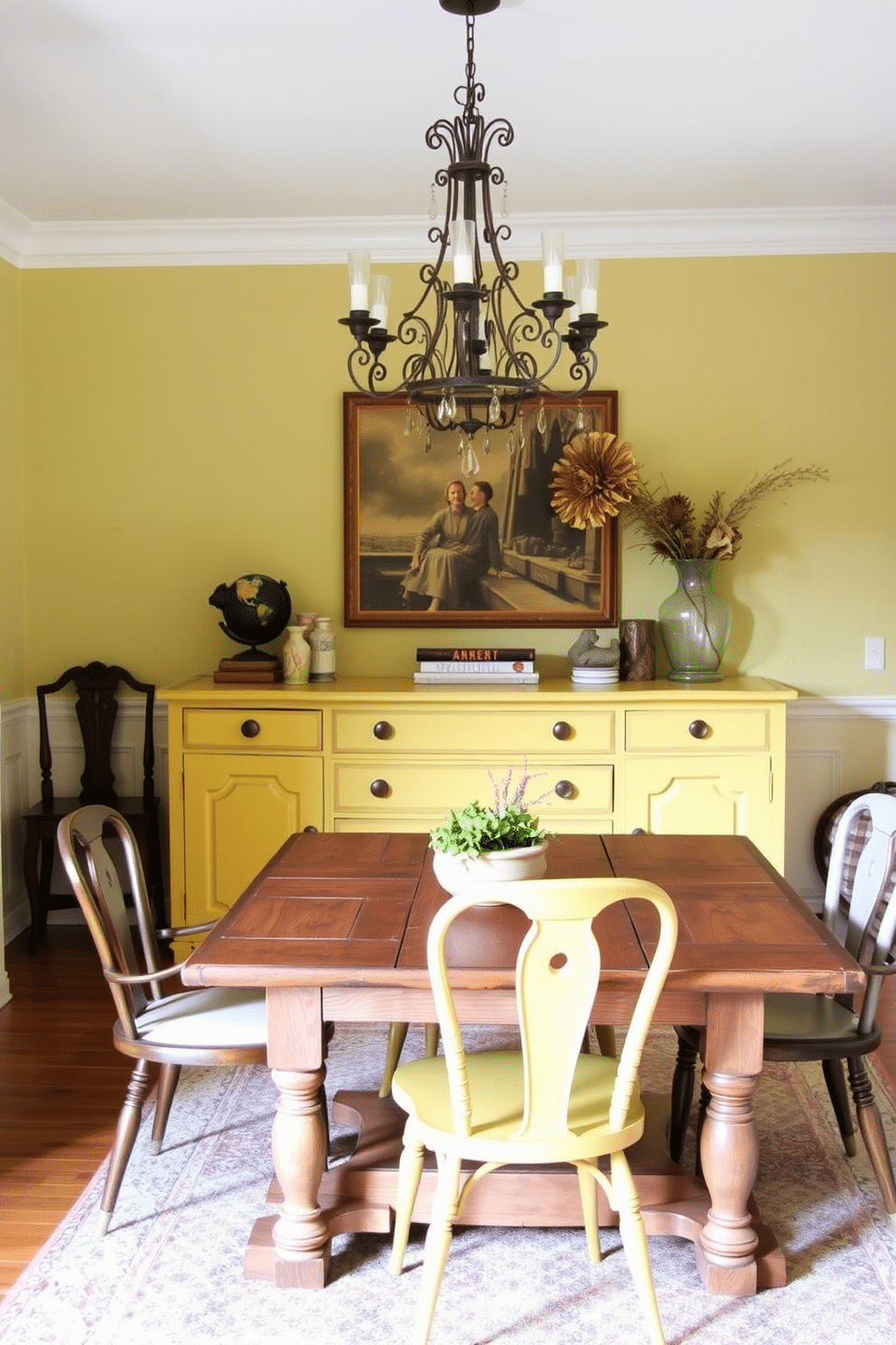 A vintage yellow buffet adds a charming focal point to the dining room, its distressed finish enhancing the room's character. Surrounding the buffet, a warm, inviting color palette of soft yellows and muted greens creates a cozy atmosphere perfect for family gatherings. The dining table, crafted from reclaimed wood, complements the buffet and is surrounded by mismatched vintage chairs, each with its own unique design. A statement chandelier hangs overhead, casting a warm glow that highlights the eclectic decor and inviting ambiance.