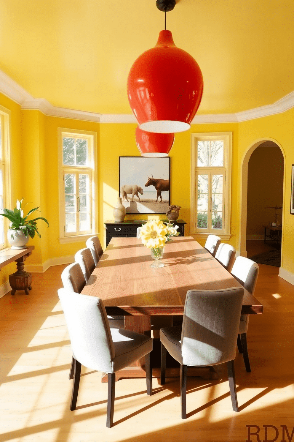 A bright yellow dining room filled with natural light. The space features a large wooden dining table surrounded by upholstered chairs in soft gray, creating a striking contrast with the vibrant pendant lights overhead.