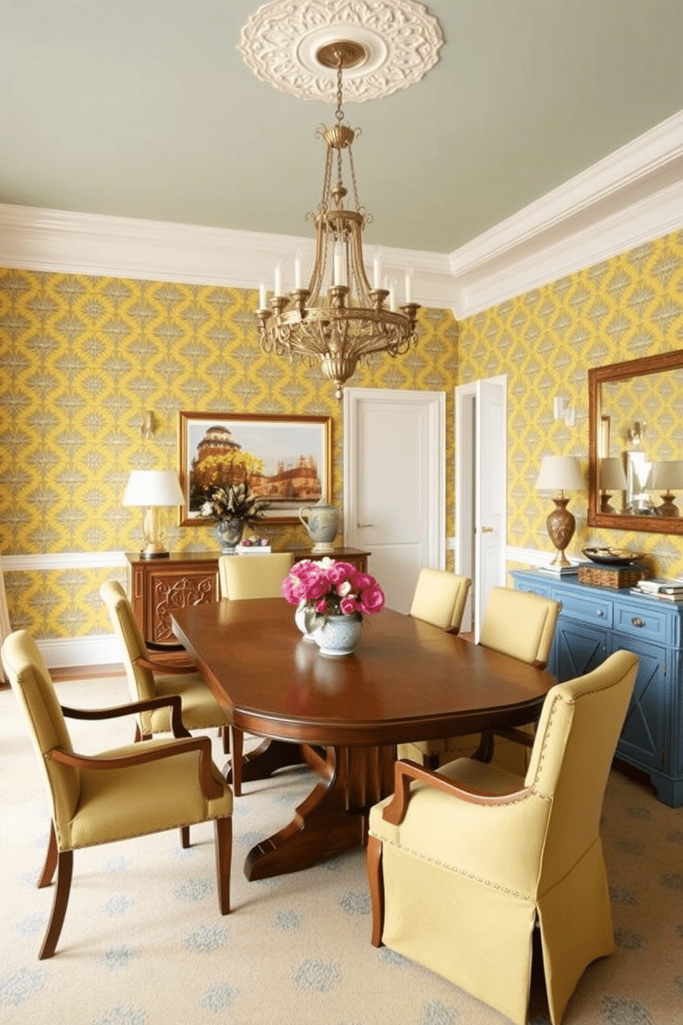 A vibrant dining room featuring yellow and blue patterned wallpaper that adds a cheerful touch to the space. The room is furnished with a large wooden dining table surrounded by upholstered chairs in complementary colors, creating an inviting atmosphere for gatherings. A stunning chandelier hangs above the table, casting warm light across the room. To one side, a stylish sideboard displays elegant dinnerware and decorative accents, enhancing the overall aesthetic of the dining area.