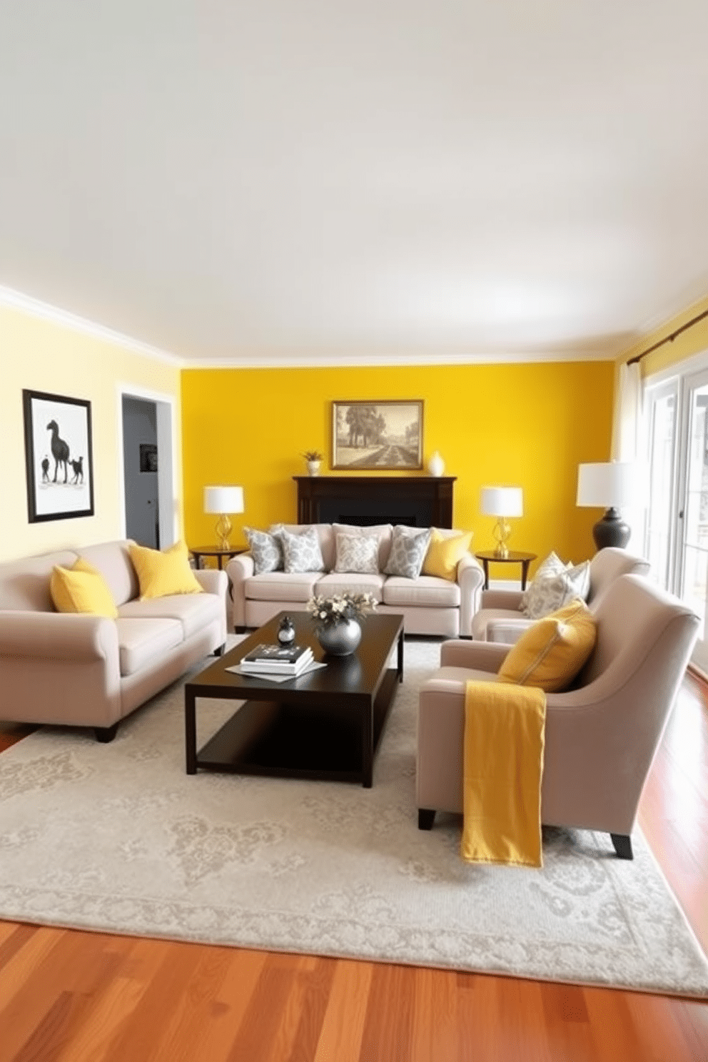 A bright yellow accent wall serves as the focal point of the family room, creating a cheerful and inviting atmosphere. Complementing the vibrant wall, the neutral furniture consists of a plush beige sofa and a pair of light gray armchairs, arranged around a stylish coffee table. The room is enhanced by warm wooden flooring that adds a touch of natural elegance. Decorative cushions in various shades of yellow and gray adorn the sofa, while a large area rug anchors the seating arrangement, adding comfort and texture.