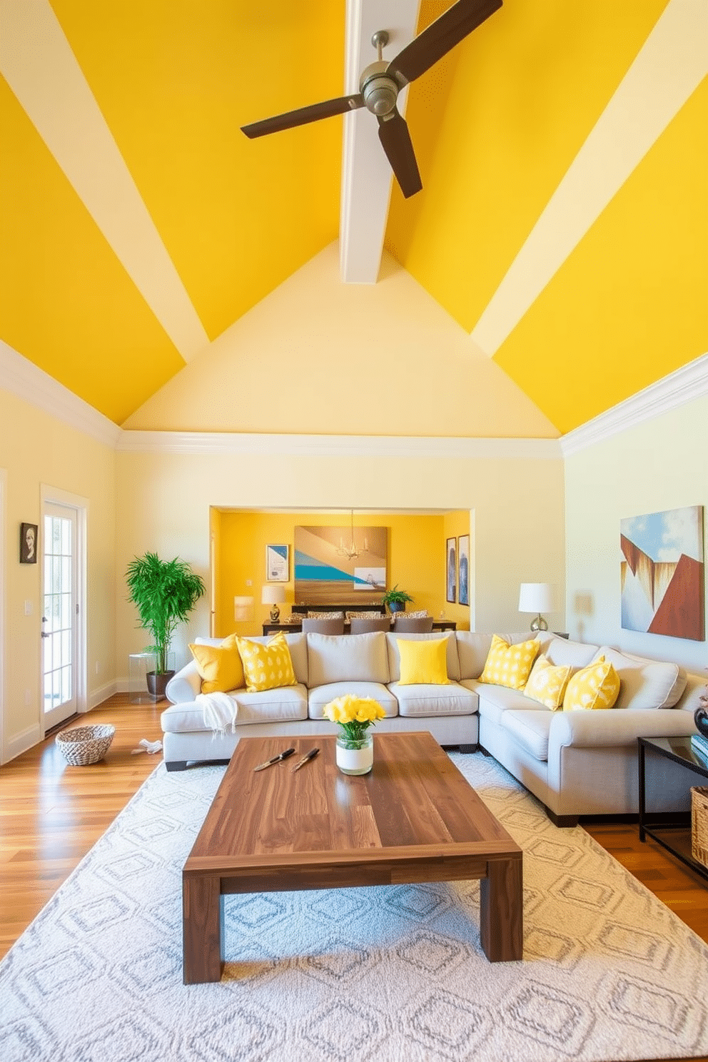 A bright yellow and white striped ceiling creates a lively focal point in the family room, enhancing the sense of space and light. The walls are painted a soft cream, complementing the ceiling while providing a warm backdrop for the room's decor. The family room features a cozy sectional sofa upholstered in a light gray fabric, accented with vibrant yellow and white throw pillows. A large area rug with a subtle geometric pattern anchors the seating area, while a stylish coffee table made of reclaimed wood adds a rustic touch.